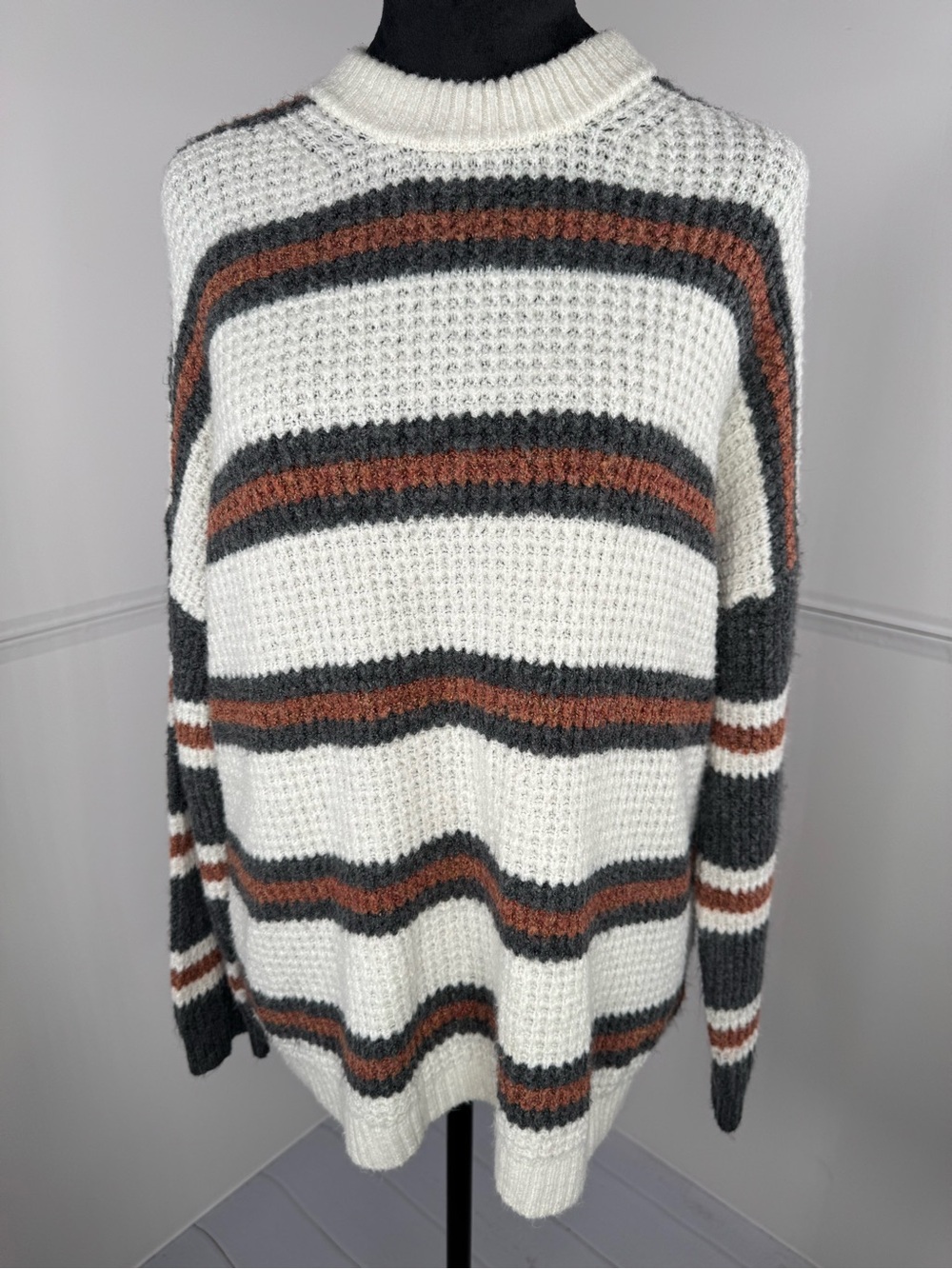 American Eagle Waffle Knit Striped Sweater Cream Grey Rust Crew Neck Small